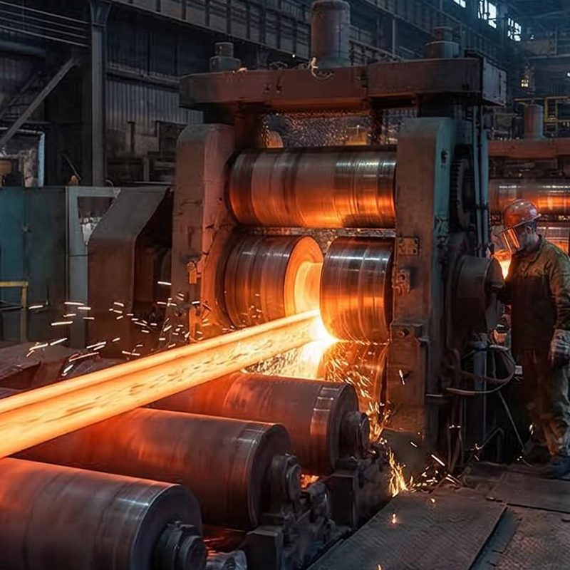 Steel rolling mill with red-hot billet